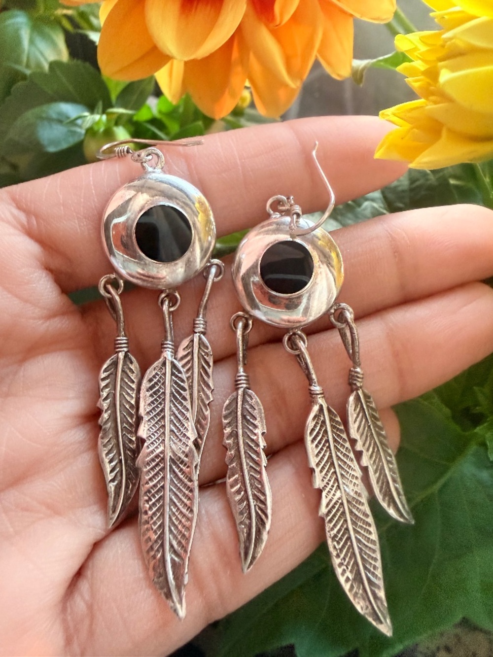 Beautiful onyx sterling silver earrings dangling